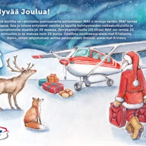 Akvarellimaalaus, jossa talvinen maisema, MAF:n lentokone sekä poro, lumisia kuusia ja kettu. Joulupukki kantaa lentokonetta kohti kahta punaista polttoainekanisteria.